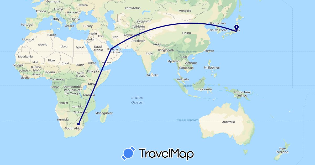 TravelMap itinerary: driving in United Arab Emirates, Japan, South Africa (Africa, Asia)